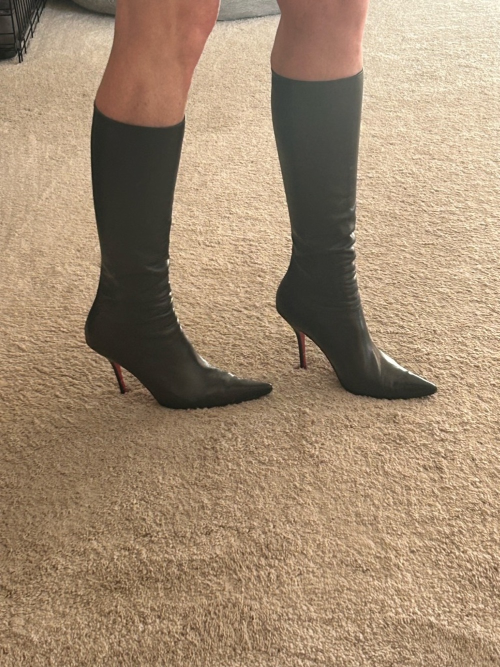 Christian Louboutin Black Knee-High Pointed Toe Stiletto Boots with Red Soles